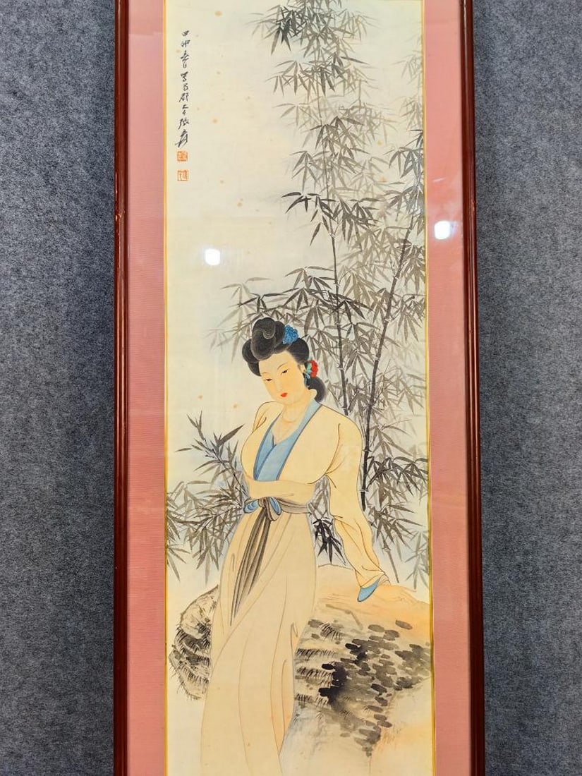 Old Collection Zhang Daqian Gongbi Lady Paper Painting in Original Frame with Glass (1 of 8)