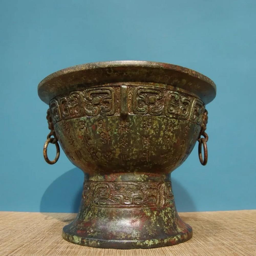 Antique Chinese Bronze Inscribed High-Footed Bowl Statue Ornament (1 of 8)