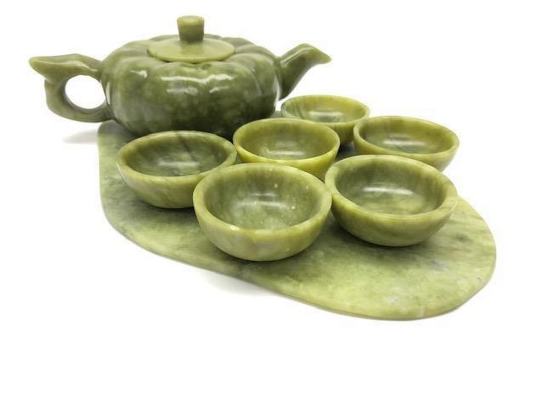 Chinese Spinach Jade Carved Tea Set With Jade Serving (1 of 3)