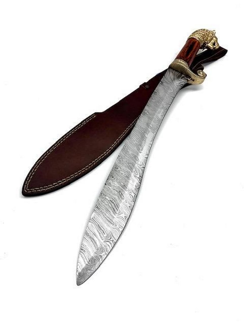 The SHEIKHS KUKRI Damascus Sword: A Stunning Handmade SHEIKHS KUKRI Damascus Steel Sword With A INCREDIBLE LIONS HEAD POMMEL Each blade is created Using 256 Layers Of 1095 and 15N20 High Carbon Steels?????? To Produce A Superior Edge 