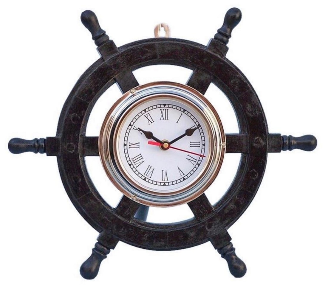 12" Deluxe Class Wood and Chrome Pirate Ship Wheel Clock (1 of 5)