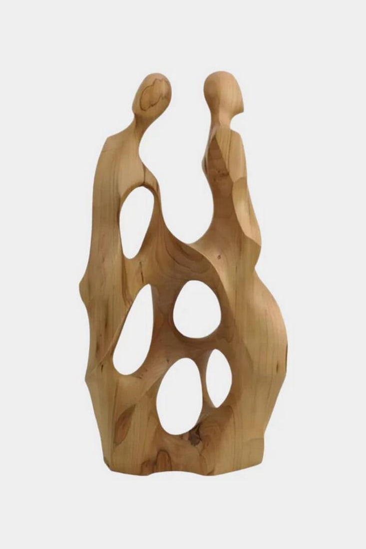 “Embrace of Echoes?? Wooden Abstract Sculpture: “Embrace of Echoes” Wooden Abstract Sculpture A striking abstract wooden sculpture depicting two elongated figures entwined in silent dialogue. Crafted with a smooth natural wood finish, the p