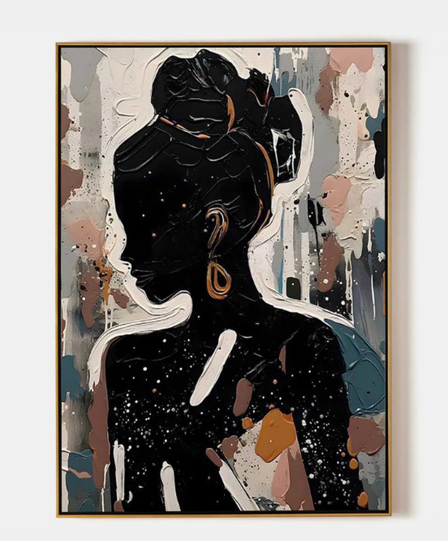 "Silhouette Elegance" Textured Art Canvas Painting: "Silhouette Elegance" Textured Art Canvas Painting This painting features a striking silhouette of a woman adorned with gold earrings and a bun hairstyle. The background is an abstract mix of 