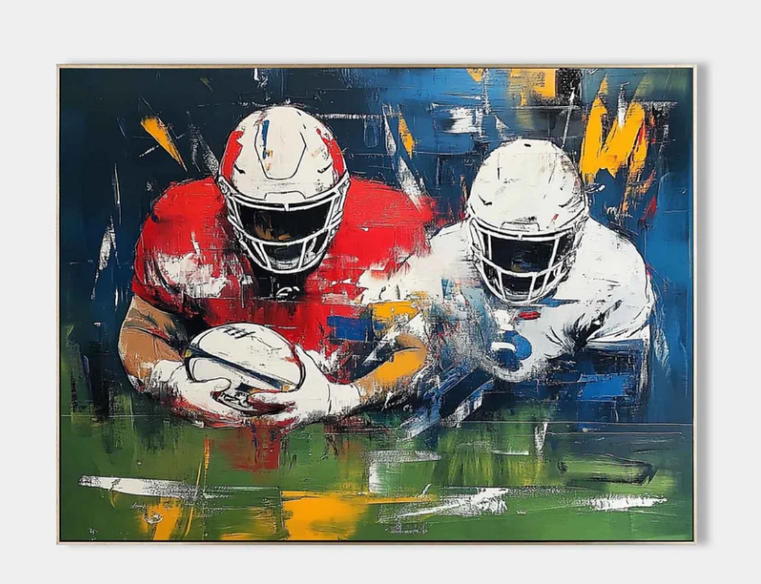 The Clash of Titans Sports Canvas Painting: The Clash of Titans Sports Canvas Painting This dynamic painting captures the intensity of American football, featuring two players in action. The player on the left, dressed in a red jersey, grips th