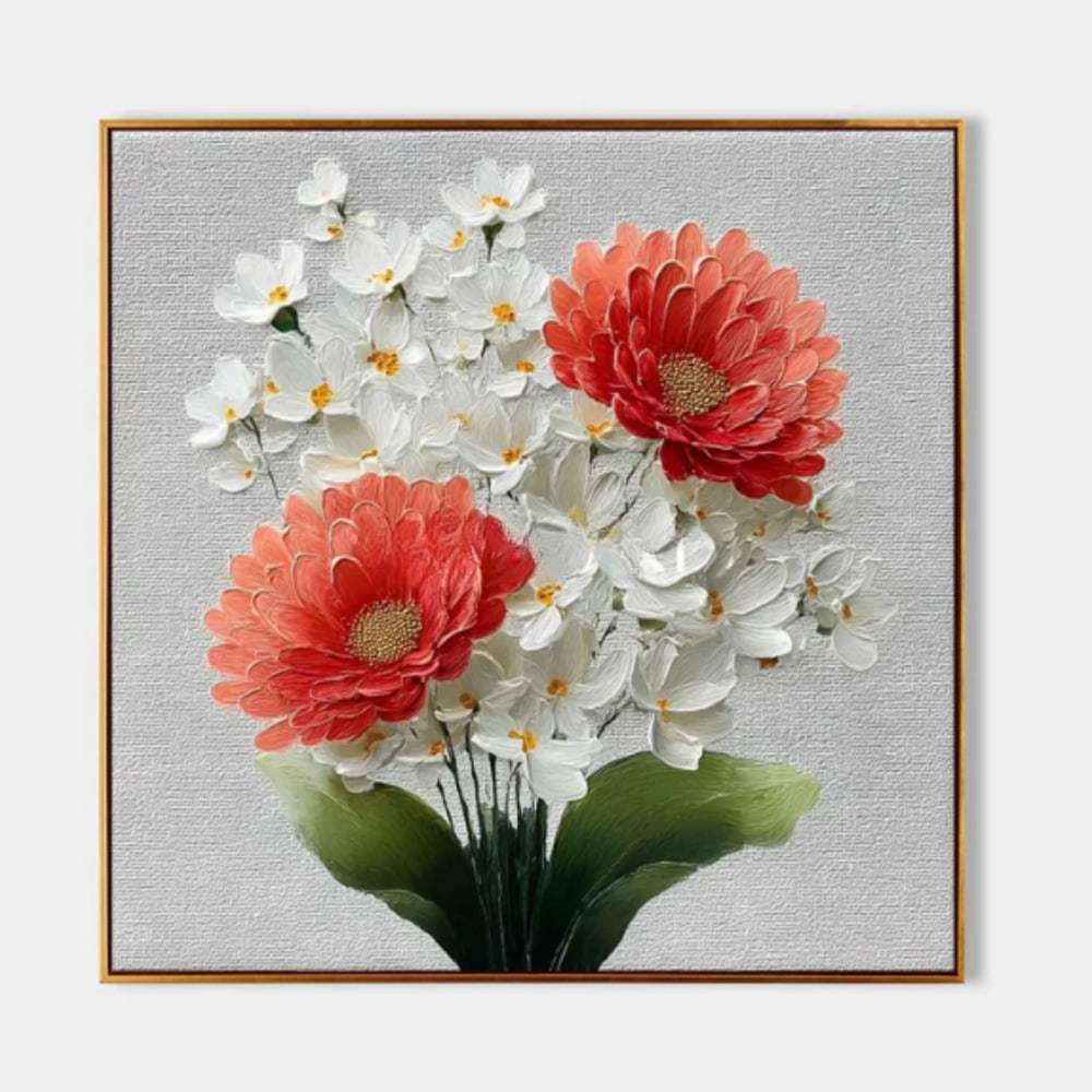 Blossoms of Passion and Grace Canvas Painting: Blossoms of Passion and Grace Canvas Painting A striking duet of vibrant red flowers anchors this floral composition with bold allure, their velvety petals in full bloom. Surrounding them, a constella