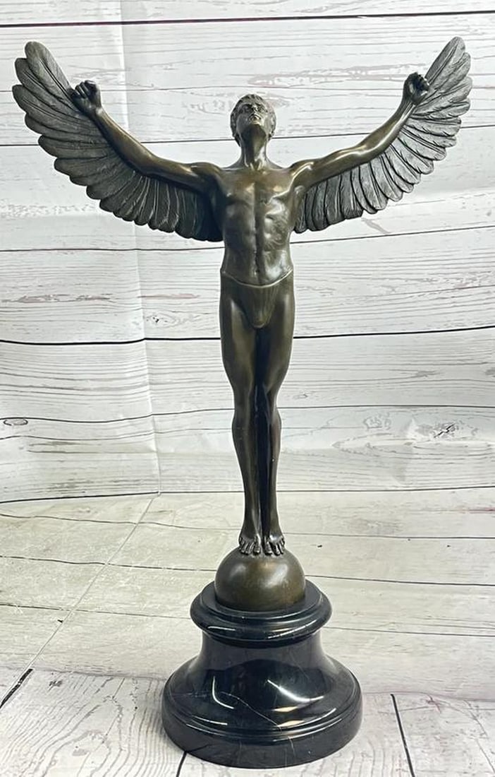 The Flight of Icarus Bronze Nude Sculpture by Weinman on Marble Base - 16" x 11": The Flight of Icarus Bronze Nude Sculpture by Weinman on Marble Base - 16" x 11" "The Flight of Icarus" Bronze Nude Sculpture by Weinman on Marble Base is a captivating embodiment of m