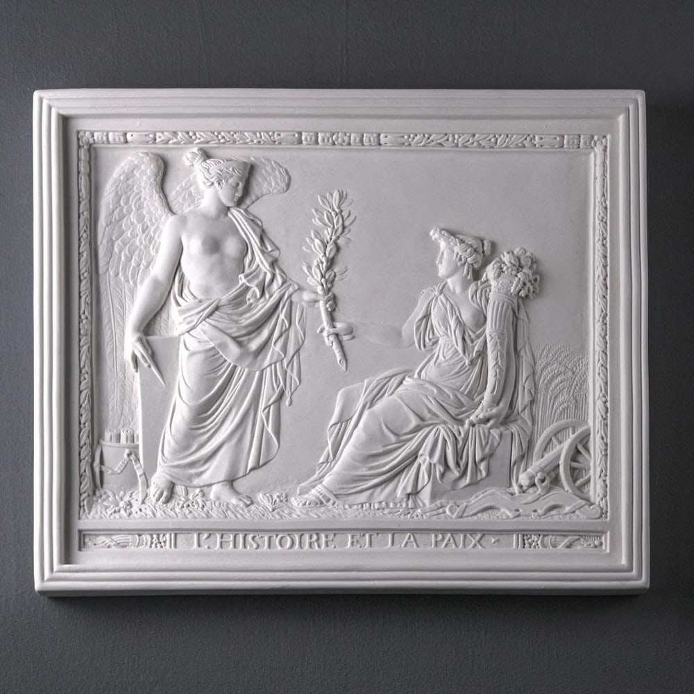 Triumph of Peace: Neoclassical Bas-Relief 'L'Histoire et la Paix' - 14.4" x 17.5": Triumph of Peace: Neoclassical Bas-Relief 'L'Histoire et la Paix' - 14.4" x 17.5" Immerse your space in the timeless narrative of classical mythology with our exquisite bas-relief,