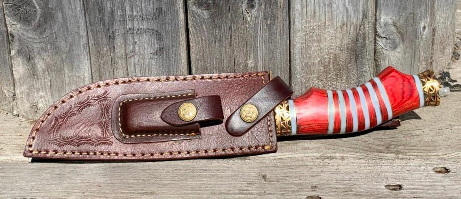 S Curve Inlaid Ribband Handled Damascus Steel Knife: Custom Made Damascus Knife With Genuine Leather Sheath To Keep The Blade Safe & Make Carrying & Storing Easy. Each Sheath Is Made From Genuine Leather & Stitched To Provide A Durable &