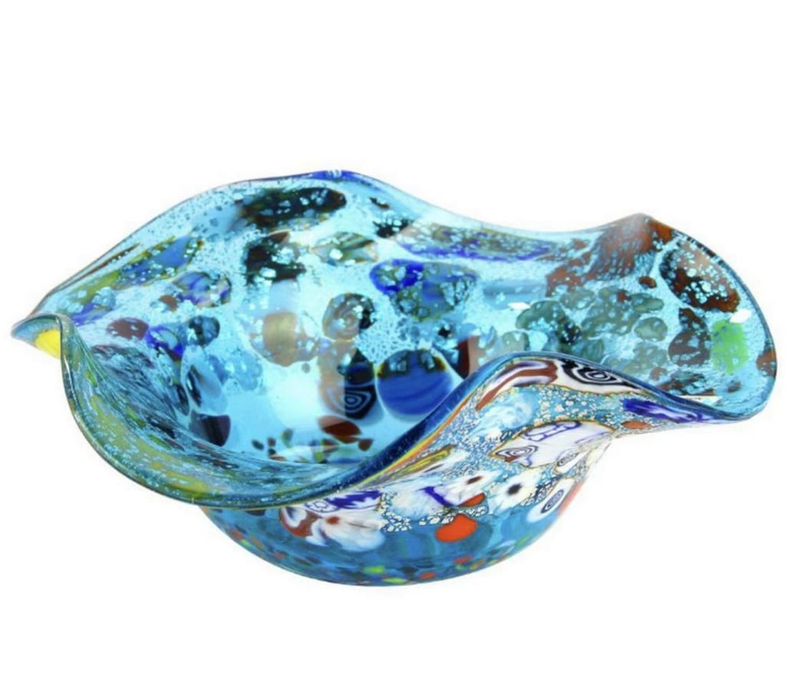 Light Blue Multicolor Murano Glass Bell Bowl: Light Blue Multicolor Murano Glass Bell Bowl A beautifully crafted piece featuring a light blue base with a variety of vibrant colors swirled throughout. Its unique, irregular shape with a wide, open 