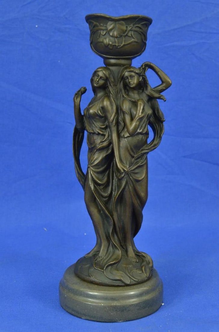 Art Deco Dual Female Candle Holder Sculpture - 11.5" x 4.5": Art Deco Dual Female Candle Holder Sculpture - 11.5" x 4.5" Emanating timeless elegance, this bronze sculpture captures the essence of the Art Deco era through two delicately fashioned female 