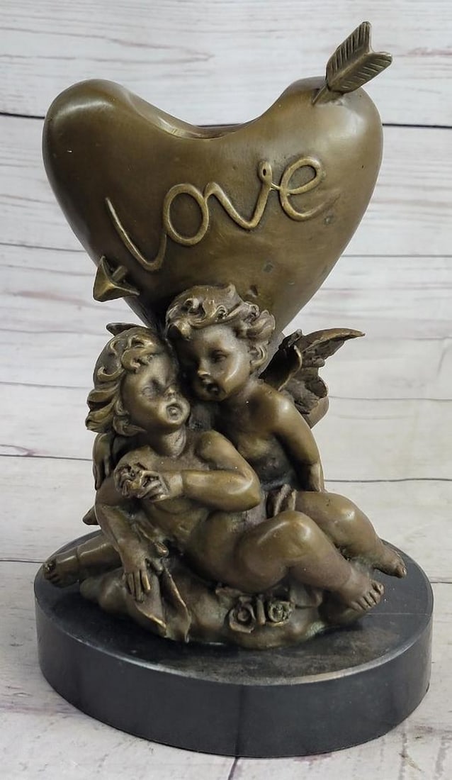 Moreau Inspired Romantic Cherubim Heart Bronze Sculpture On Marble Base - 9" x 6": Moreau Inspired Romantic Cherubim Heart Bronze Sculpture On Marble Base - 9" x 6" Use some love to spruce your very special day with these love designed candle holder! Every love bronze sculpt