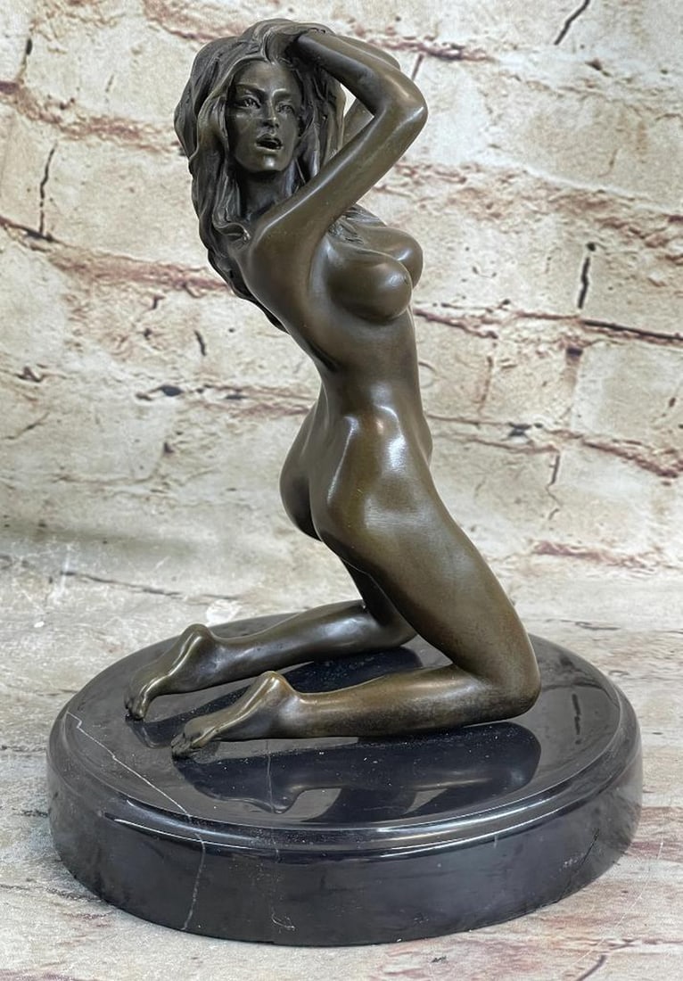 Original Nude Woman Vogue Posing Bronze Sculpture - 9" x 6": Original Nude Woman Vogue Posing Bronze Sculpture - 9" x 6" This pose of a peaceful girl sitting with downcast eyes captures the true rebirth of the innocence age. The artist was able to depic