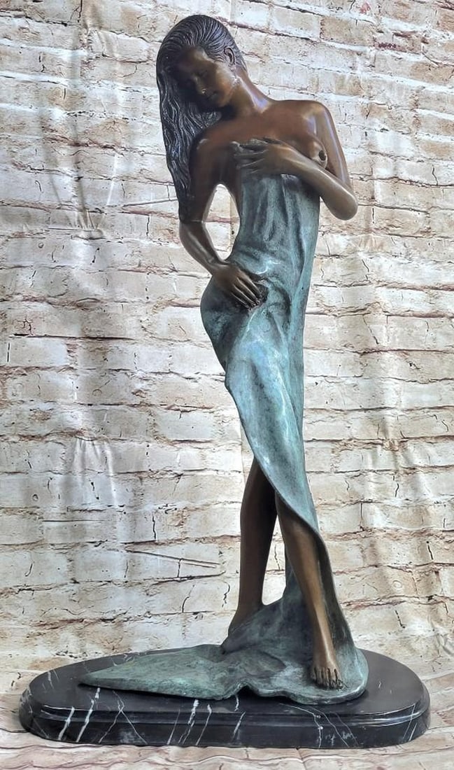 Tasteful Nude Woman Wrapped In Towel Bronze Sculpture - 26" x 14": Tasteful Nude Woman Wrapped In Towel Bronze Sculpture - 26" x 14" Presenting an exquisite bronze sculpture capturing the grace and allure of a half-naked woman. Awakening from a tranquil slumb