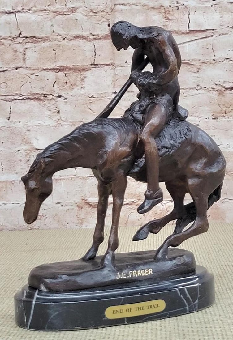 End of the Trail Bronze Art Sculpture Inspired by J. E. Fraser on Black Marble Base - 10" x 7": End of the Trail Bronze Art Sculpture Inspired by J. E. Fraser on Black Marble Base - 10" x 7" Enrich your space with the profound narrative embodied in the "End of the Trail" Bronze A