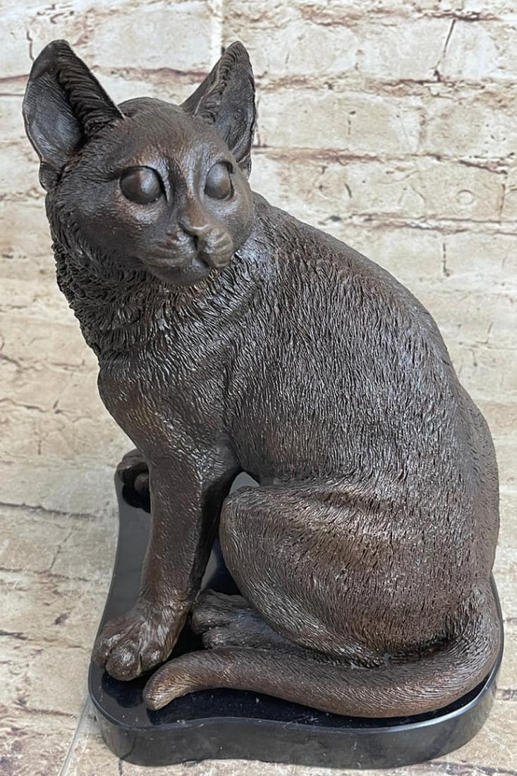 Art Deco Stray Cat Original Bronze Statue - 12" x 8": Art Deco Stray Cat Original Bronze Statue - 12" x 8" In the serene twilight, a cat, having enjoyed a peaceful catnap, gracefully sits and observes its surroundings. Called by its owner for a t