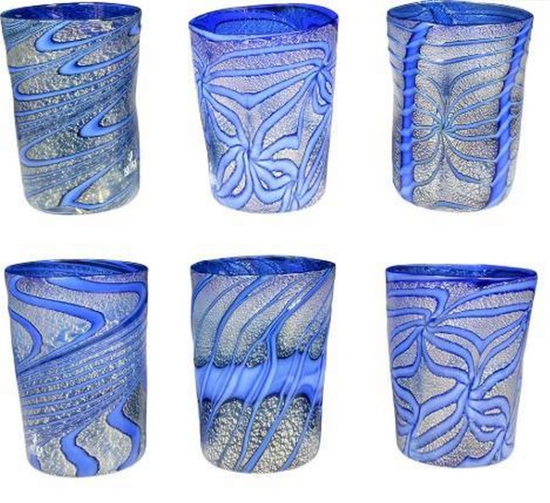 6 Murano Glass Cups Abstract Blue Line Designs with Silver Accents: 6 Murano Glass Cups Abstract Blue Line Designs with Silver Accents These stunning Murano glass cups are a true testament to Venetian craftsmanship, featuring an abstract design of fluid blue lines int