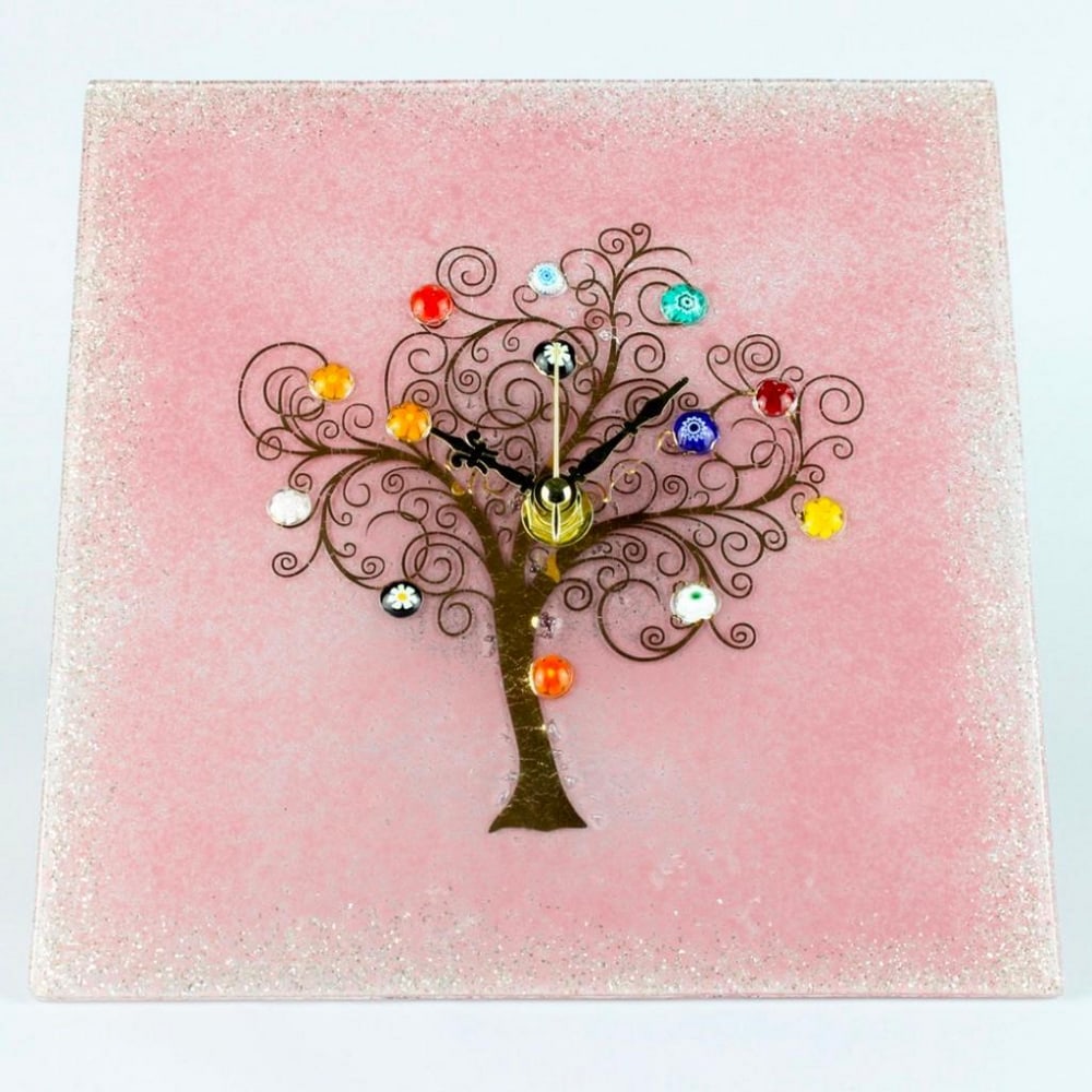 Pink Tree Of Life Murano Glass Clock: Pink Tree Of Life Murano Glass Clock Perfect art work to give a touch of spring colour to your house or office. Requires a 1.5V AA battery for function (not included). Dimensions: 7.9" x 7.9" 