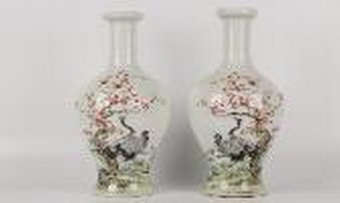 Enamel cranes flowers vases pair (1 of 1)