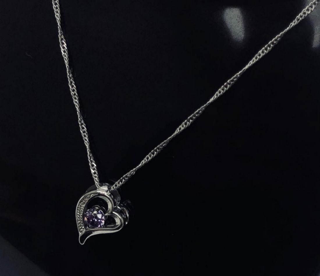 Sterling Silver Purple Rhinestone Heart Pendant Paired With 925 Twist Link Necklace (1 of 2)
