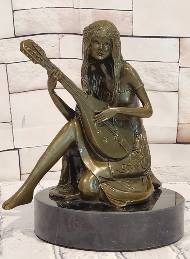 Girl Playing Mandoline Bronze Sculpture by Jean Patoue - 8.5" x 7": Girl Playing Mandoline Bronze Sculpture by Jean Patoue - 8.5" x 7" Introducing a Bronze Sculpture: This depiction of a young girl playing a mandoline is handcrafted with attention to detail. T