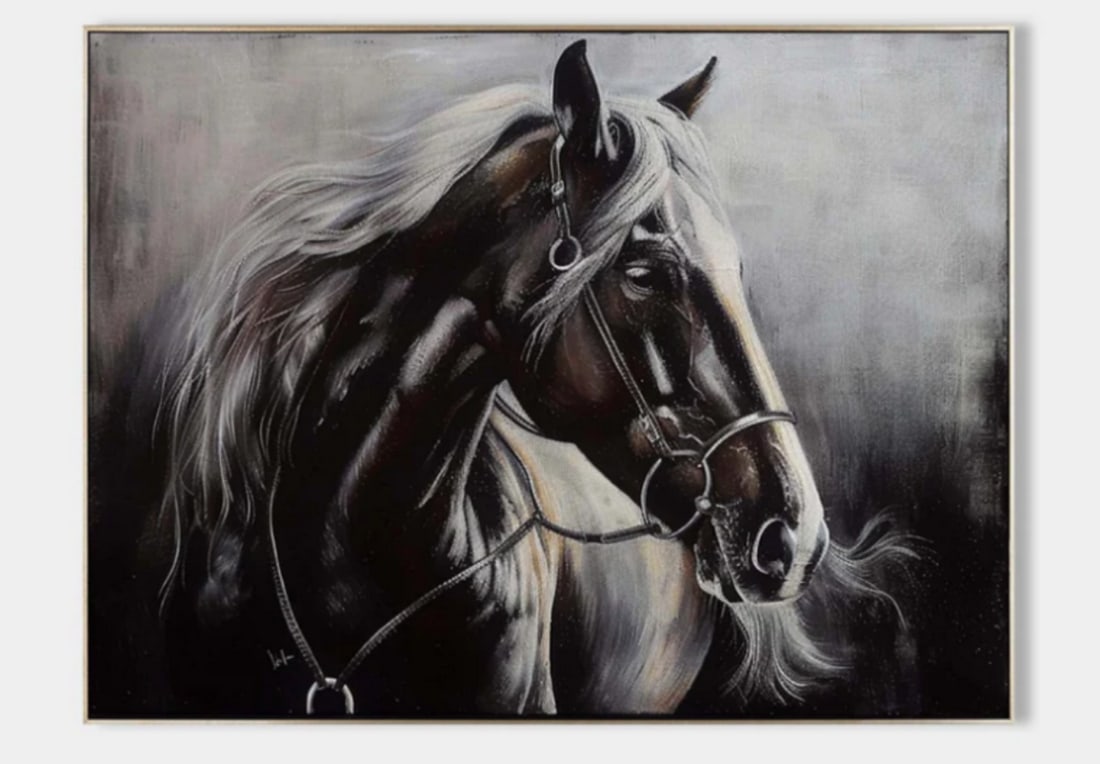Majestic Equine Elegance Canvas Painting: Majestic Equine Elegance Canvas Painting This painting captures the powerful yet graceful presence of a horse with a sleek black coat and a flowing white mane. The artist expertly renders the details 