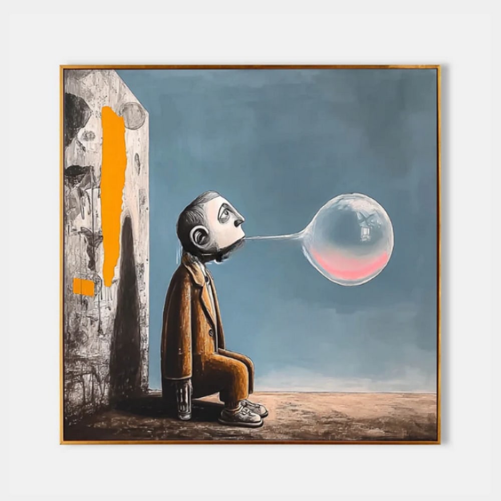 "Bubble of Solitude" Canvas Painting: "Bubble of Solitude" Canvas Painting A whimsically surreal portrayal of introspection, “Bubble of Solitude” captures a figure lost in thought, seated against a backdrop of color and