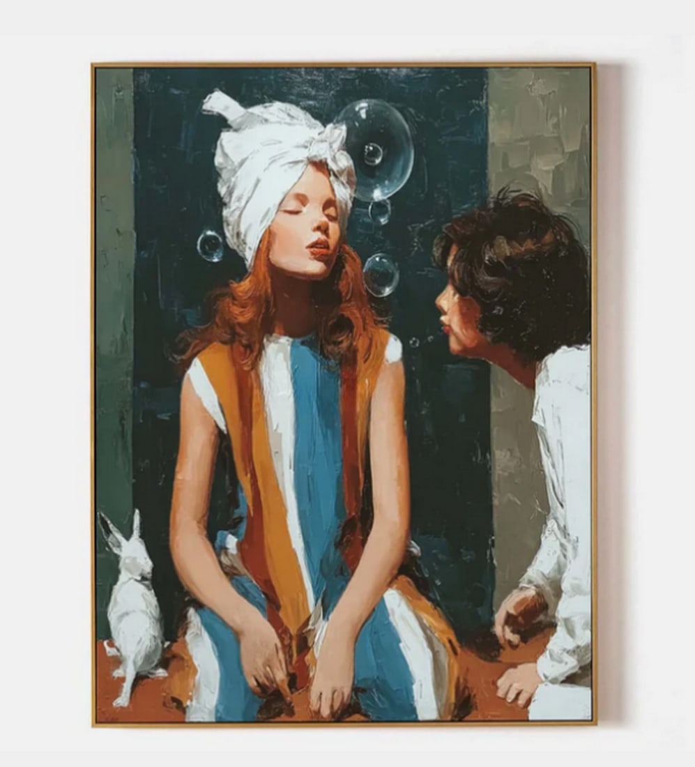 Whispers Beneath the Bubbles Canvas Painting: Whispers Beneath the Bubbles Canvas Painting This intimate painting captures a serene moment between two individuals—one seated in a vibrant striped dress, the other leaning in as if sharing a quiet