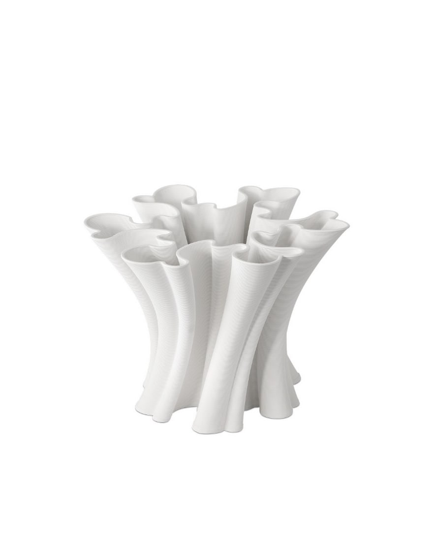 White Godet Vase, Currey Collection: White Godet Vase, Currey Collection The Godet Twist White Vase is a marvel of modern engineering. Its deep, wavy furrows, uniformly carved to evoke continuous movement, showcase the precision of machi