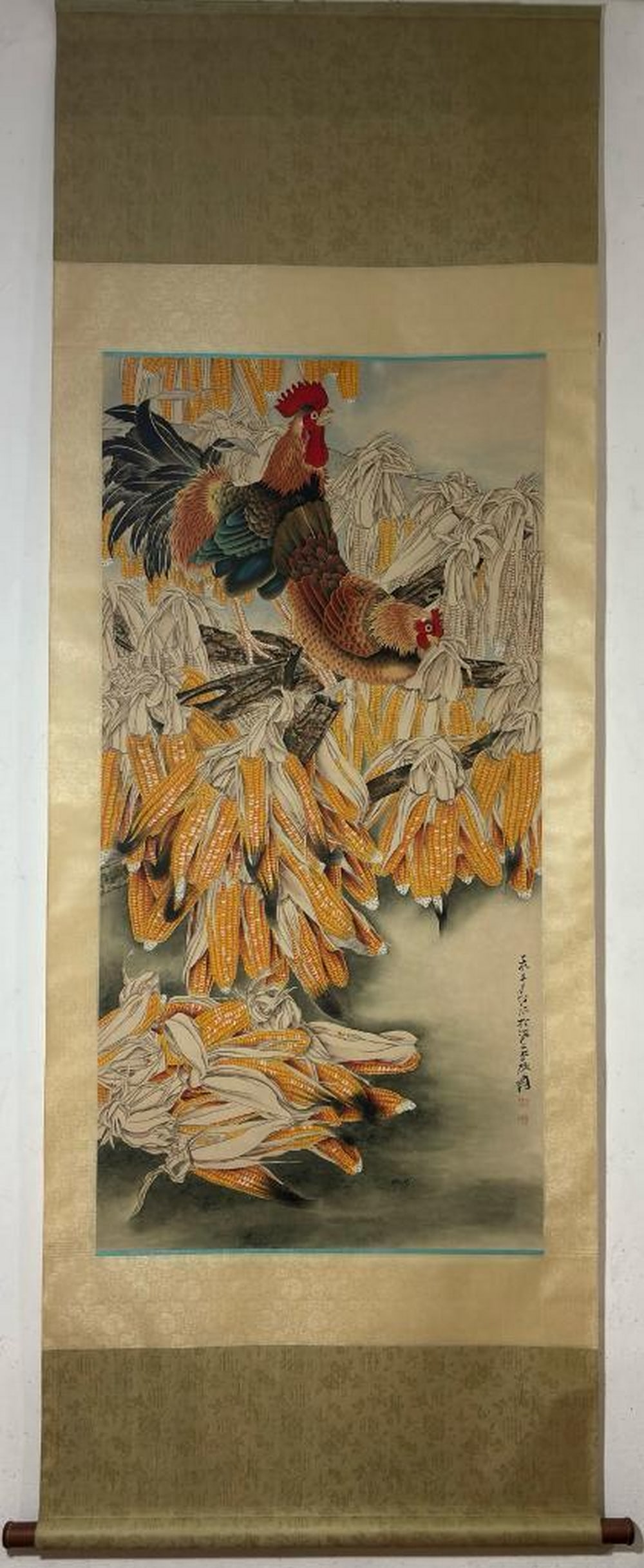 Harvest Guardians Inspired Scroll Painting: Harvest Guardians Inspired Scroll Painting In this lively and symbol-rich scroll painting inspired by Zhang Daqian, two roosters perch proudly on branches laden with bundles of corn on the cob, tied t