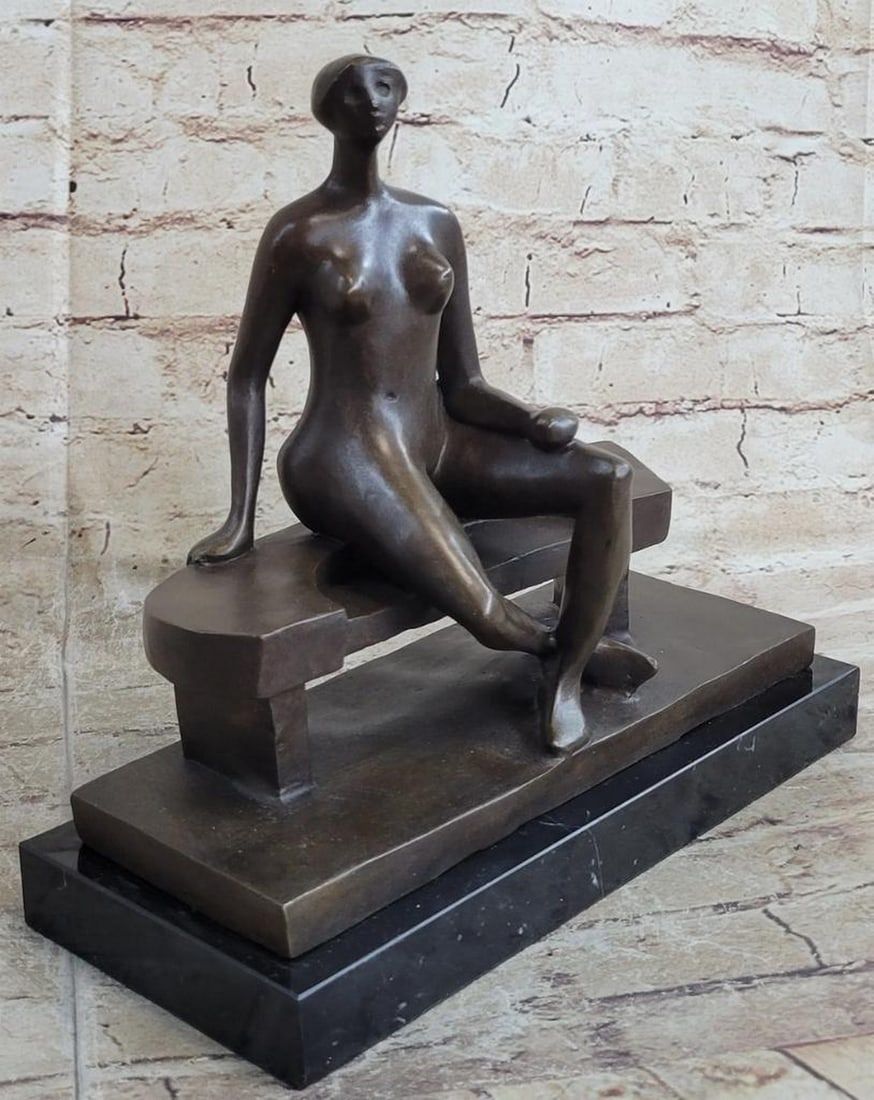 Abstract Nude Women on Park Bench Inspired Bronze Statue - 10.5" x 11": Abstract Nude Women on Park Bench Inspired Bronze Statue - 10.5" x 11" Inspired by the renowned Henry Moore, this sculpture masterfully blends abstraction with realism. The seated woman, with 