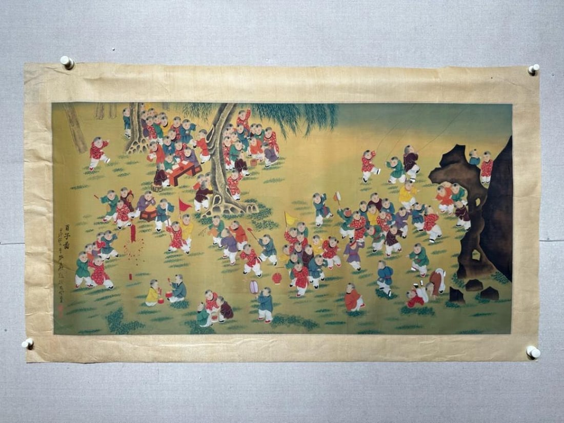Inspired Children at Play: Inspired Children at Play In this lively and heartwarming scene, inspired by master painter Zhang Daqian, it captures the joyful spirit of childhood with a handpainting on mounted silk paper. Dozens o
