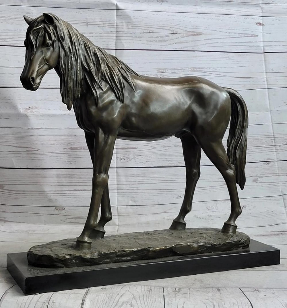 P.J. Mene Inspired Meek Mare Bronze Sculpture - 18" x 23": P.J. Mene Inspired Meek Mare Bronze Sculpture - 18" x 23" This gorgeous mare takes stroll through the luscious green fields and enjoys the sunny spring day. She is a full bodied girl and her m