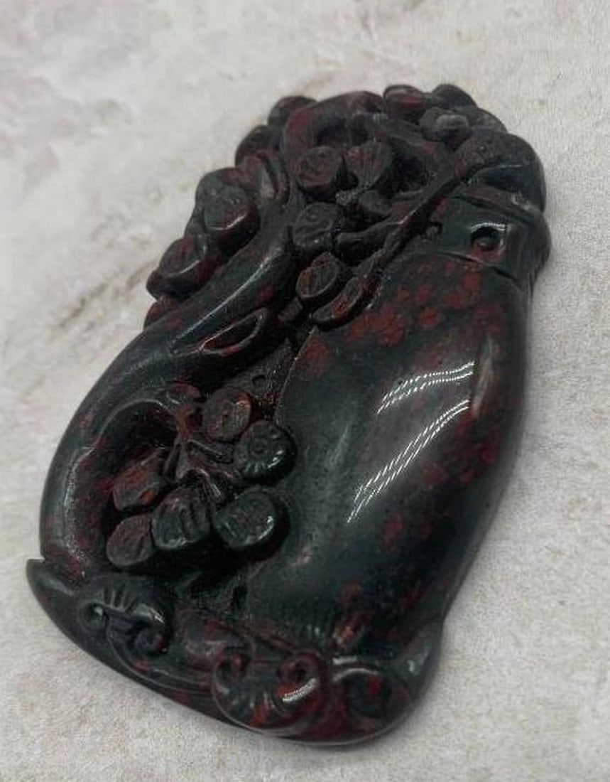 Carved Black & Red Stone Pendant with Floral Tree Motif (1 of 5)