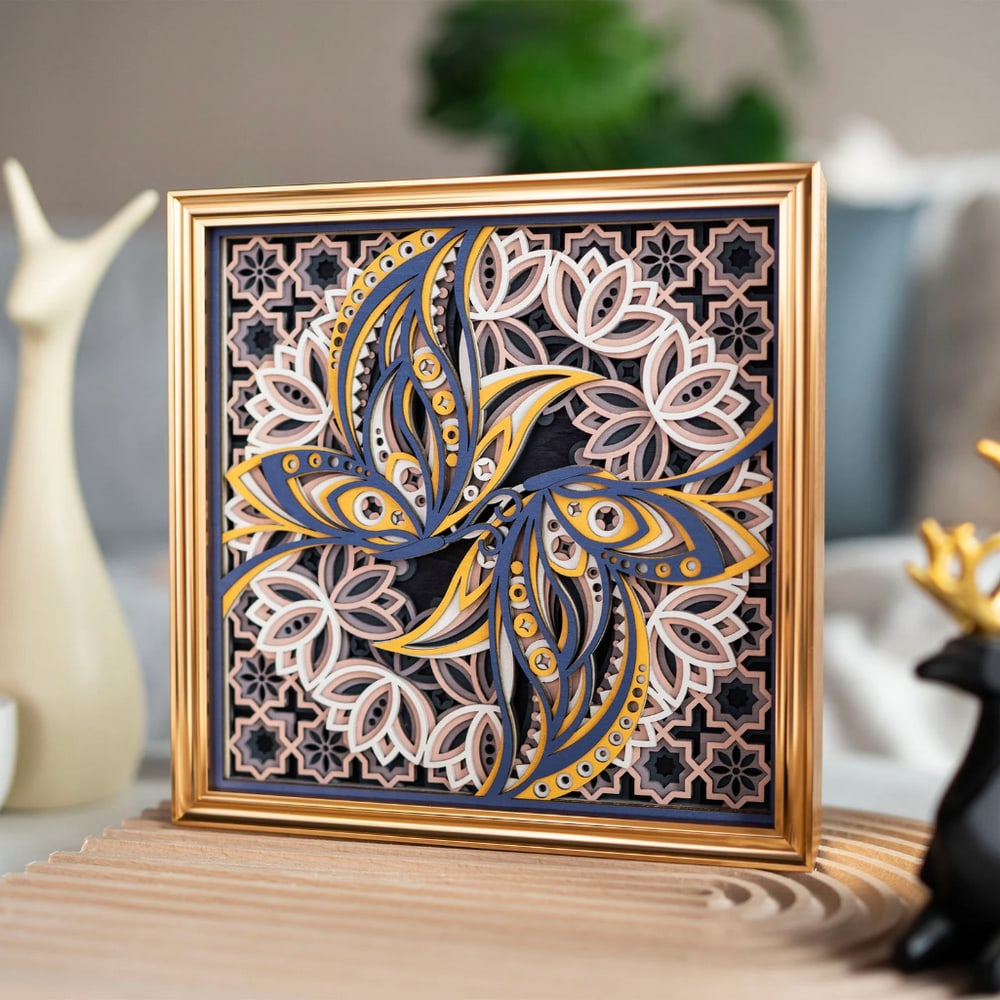 Twin Butterflies Multi-layer Laser Cut Wood Carving: Twin Butterflies Multi-layer Laser Cut Wood Carving This multi-layer wood art piece blends elegance with intricate design. Perfect for any room or as a unique gift, it can be displayed on walls or tab