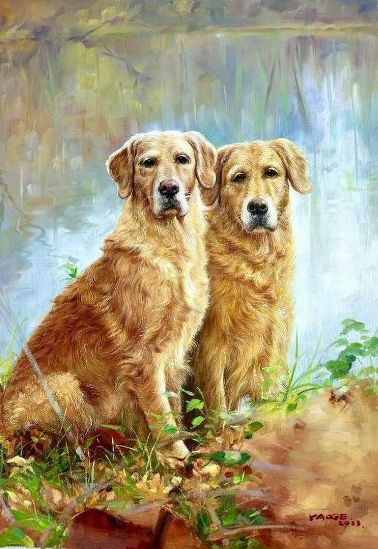 Golden Retrievers Duo Original Acrylic Painting Signed By Artist Yaoge - 20" x 28": Golden Retrievers Duo Original Acrylic Painting Signed By Artist Yaoge - 20" x 28" Immerse yourself in the heartwarming charm of our "Golden Retrievers Duo" original acrylic painting, 
