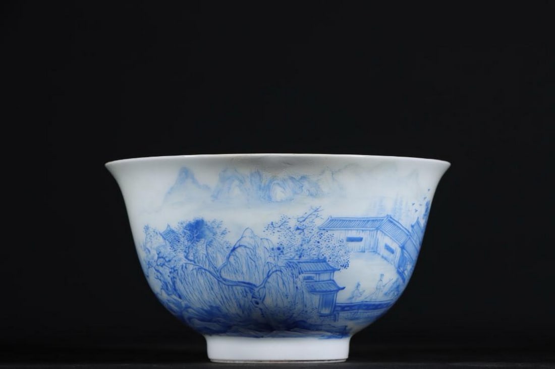 Yongzheng Style Enamel Blue Landscape Pavilion Tea Bowl: Yongzheng Style Enamel Blue Landscape Pavilion Tea Bowl. A beautifully crafted tea bowl inspired by the Qing Dynasty Yongzheng period, featuring an exquisite enamel blue landscape depicting pavilions 