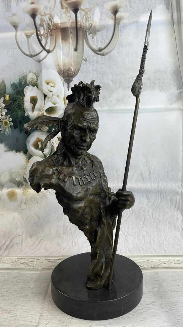 Large Original Signed Native American Warrior Bronze Bust Sculpture by Nick - 23lbs: This impressionistic bust of the Indian chief instills a since of pride, respect, and honor. He holds his spear tightly next to him ready to defend his people at moment. He has a Mohawk and wears a tr