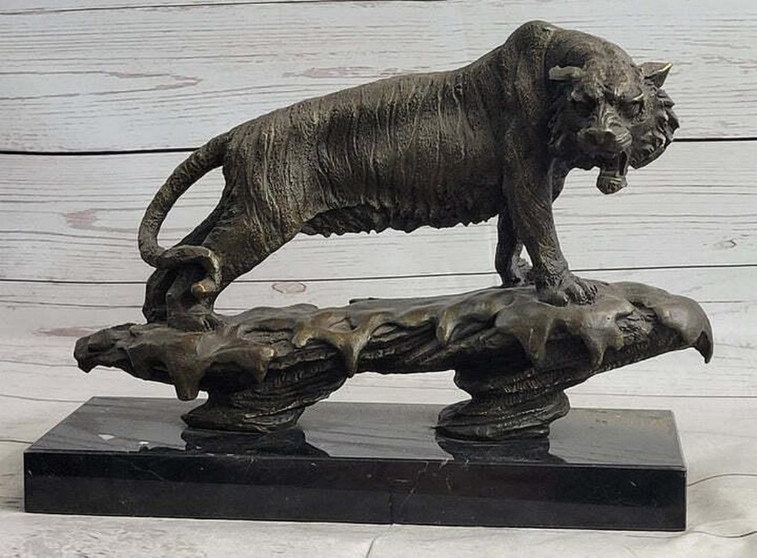 Artisan-Crafted, Autographed Bugatti Tiger: Exquisite Solid Bronze Wildlife Sculpture - 9.5" X 12": Immerse yourself in the wild beauty of nature through the captivating bronze sculpture entitled "Bugatti Tiger Wildlife." Artfully crafted by skilled hands, this striking piece intricately cap