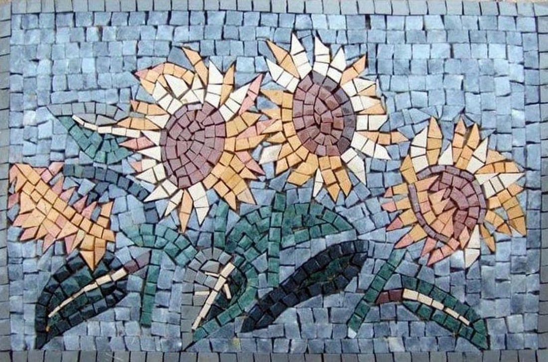 Sunflowers Mosaic Wall Art: Sunflowers Mosaic Wall Art A handcrafted mosaic made from natural stone, featuring a sunflower design. The piece highlights carefully arranged tiles that create a textured and visually engaging