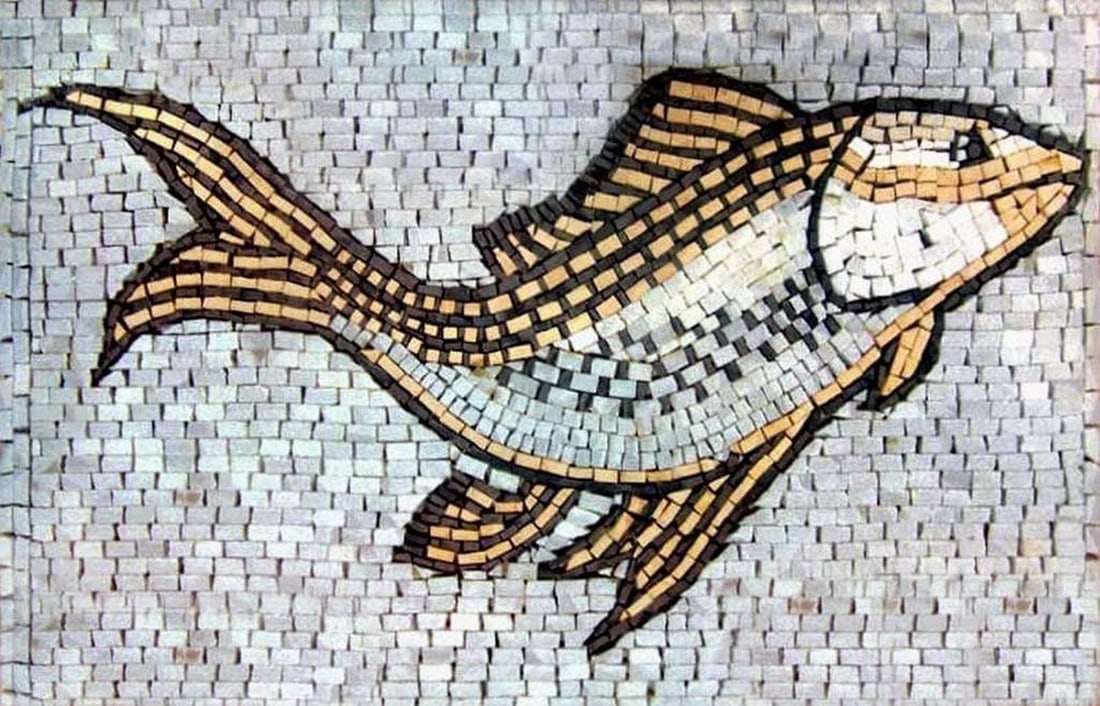 Aquatic Fish Mosaic: Aquatic Fish Mosaic A handcrafted mosaic made from natural stone, featuring a swimming fish design. The piece highlights carefully arranged tiles that create a textured and visually engaging surface, 