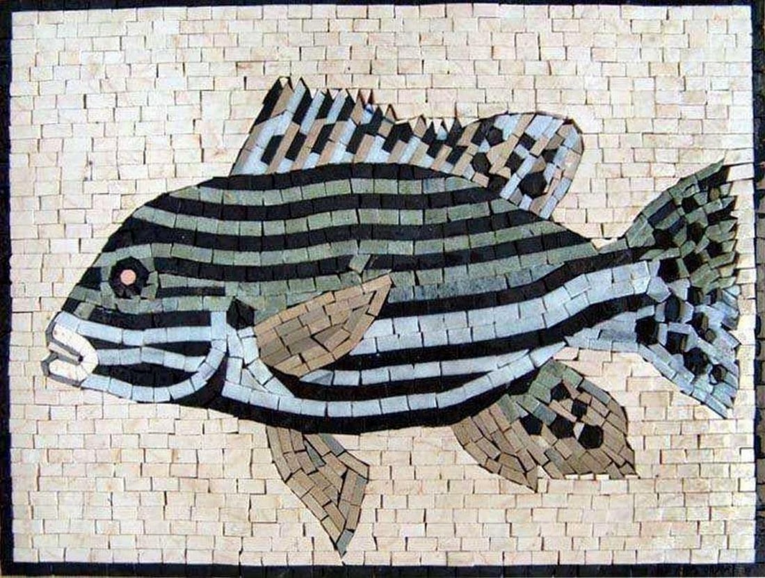Zebra Fish Mosaic Mural: Zebra Fish Mosaic Mural A handcrafted mosaic made from natural stone, featuring a zebra-inspired fish design. The piece showcases carefully arranged tiles that create a textured and visually engaging 