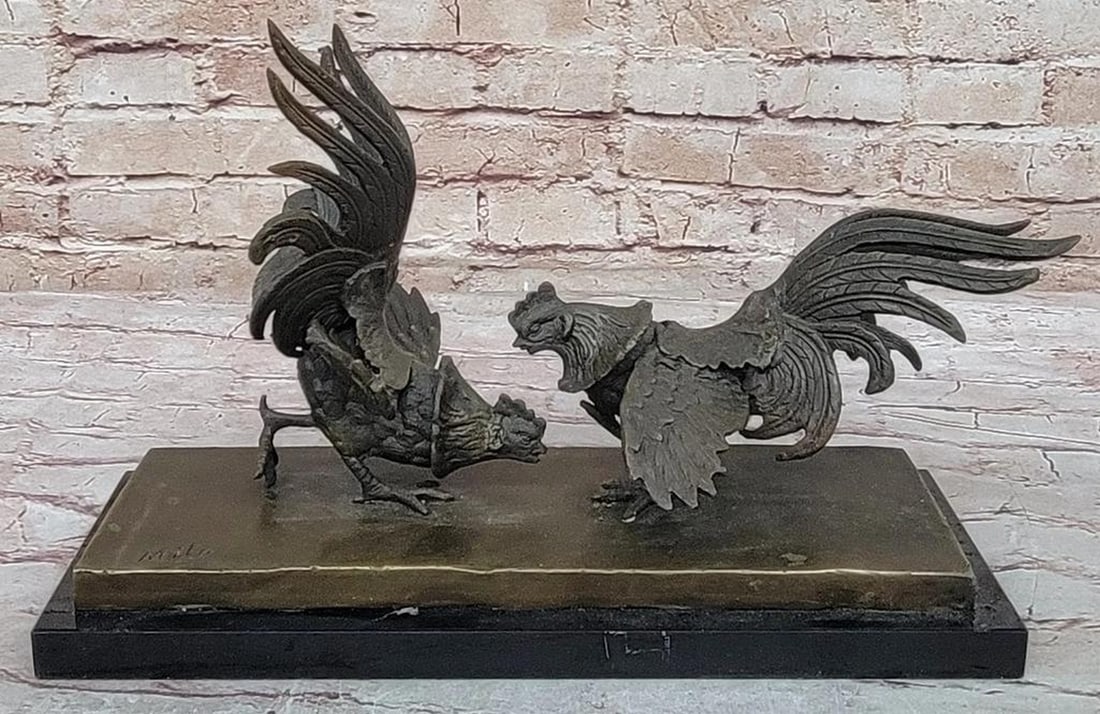 Two Roosters Locked in Battle" Bronze Sculpture by Miguel Lopez - 9" x 13.5: "Two Roosters Locked in Battle" Bronze Sculpture by Miguel Lopez - 9" x 13.5" Elevate your space with the captivating artistry of the "Two Roosters Locked in Battle" Bronze Scu