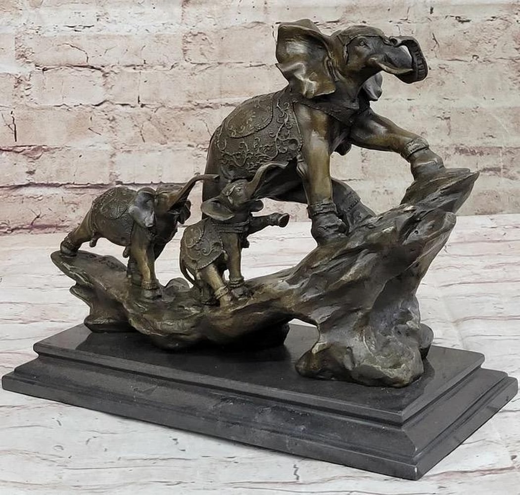 Elephant Family Walking up The Hill - Signed Bronze Sculpture Inspired by Barye - 10" x 12" (1 of 5)