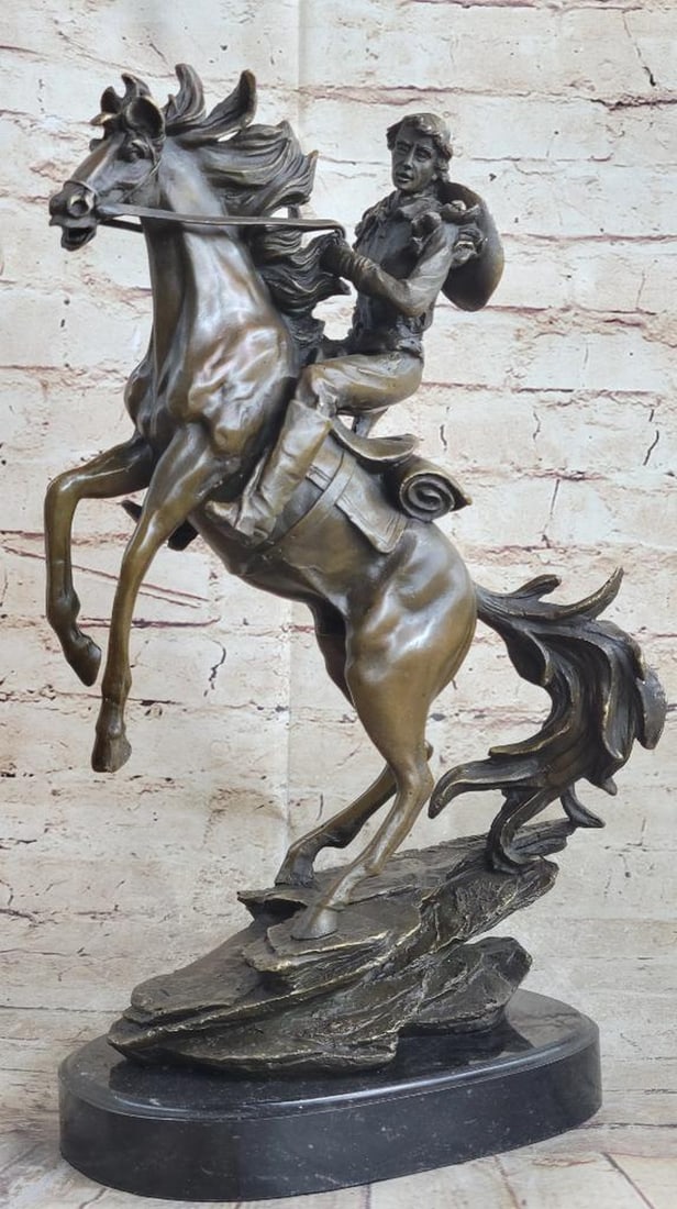 Signed Original Large American Outlaw Bronze Sculpture -15" x 12": Signed Original Large American Outlaw Bronze Sculpture -15" x 12" Transport yourself back in time to the Wild Wild West with this exquisite bronze sculpture of a gunslinger on his rearing hors