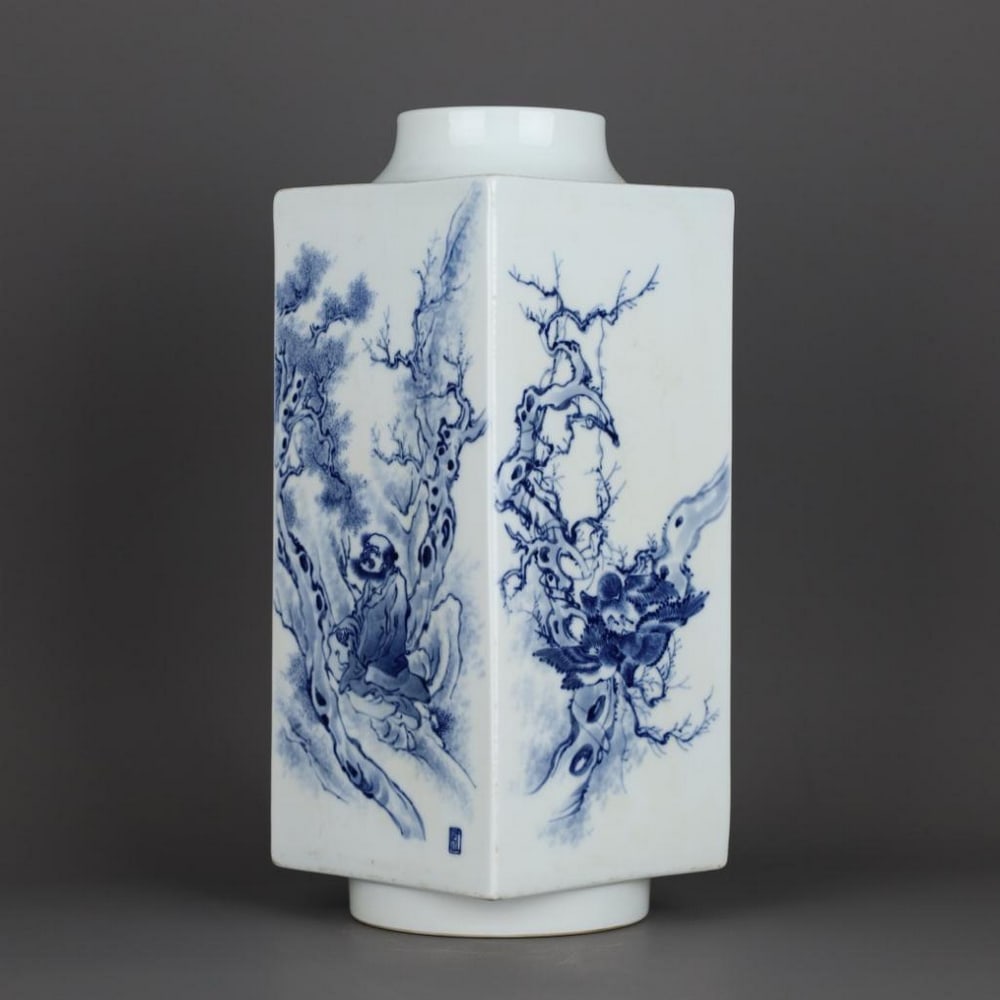 Republic of China Wang Bu Blue and White Figures, Flower, and Bird Pattern Cong-Style Bottle: Republic of China Wang Bu Blue and White Figures, Flower, and Bird Pattern Cong-Style Bottle A finely crafted cong-style porcelain bottle from the Republic of China period, attributed to the notable a