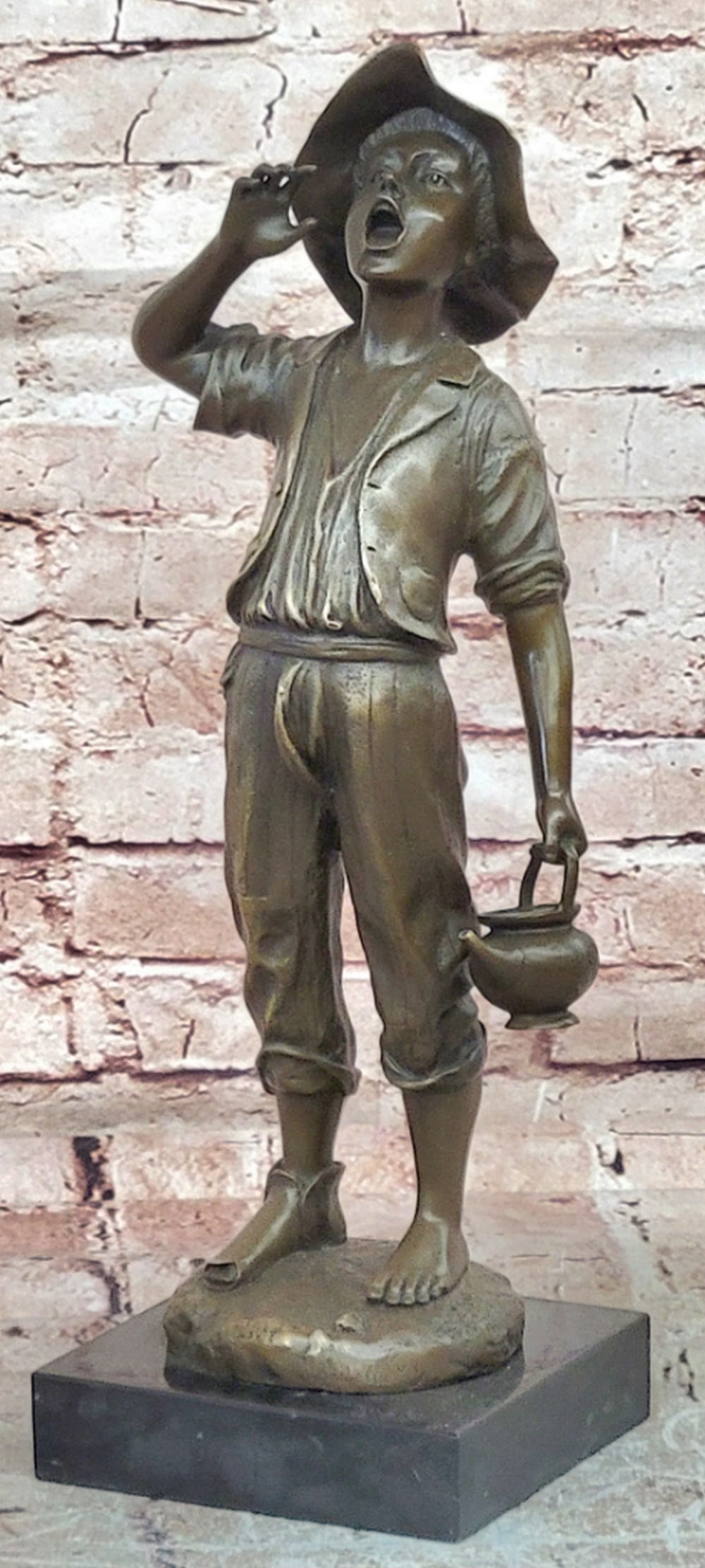 Bronze Sculpture of Boy with Water Jug on Marble Base – 17" x 5.5": Bronze Sculpture of Boy with Water Jug on Marble Base – 17" x 5.5" Introducing a Bronze Sculpture: This composition depicts a young boy shouting while holding a water jug, capturing a moment