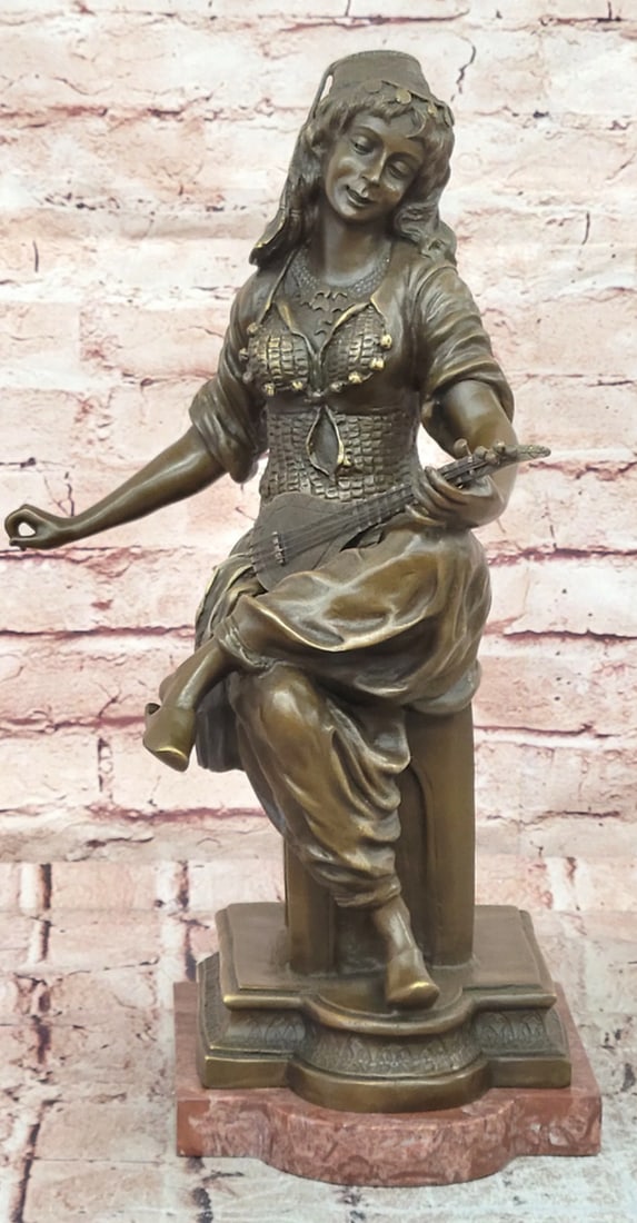 Bronze Gypsy Woman Playing Mandolin Sculpture Figurine (1 of 6)