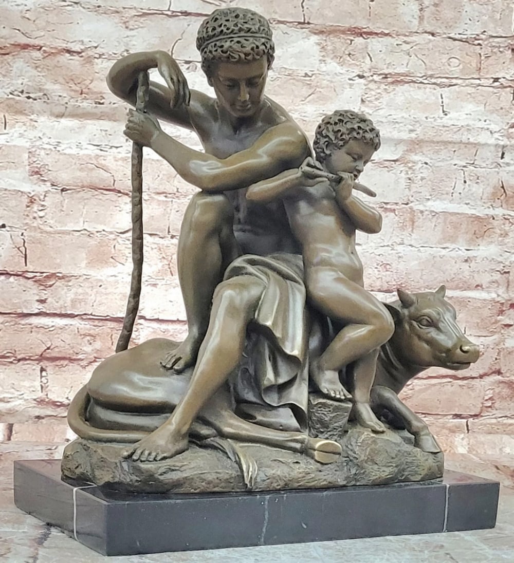 Bronze Sculpture of Hercules with Child and Bull on Marble Base – 12" x 10": Bronze Sculpture of Hercules with Child and Bull on Marble Base – 12" x 10" Introducing a Bronze Sculpture: This composition depicts Hercules accompanied by a child playing a flute, both res