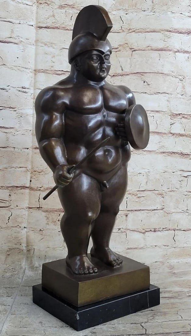 Boterismo Giant Roman Warrior Bronze Art Sculpture Inspired by F. Botero on Marble Base - 19" x 9": Boterismo Giant Roman Warrior Bronze Art Sculpture by Inspired F. Botero on Marble Base - 19" x 9" Enter a realm of ancient valor with this captivating bronze sculpture, capturing the spirit o