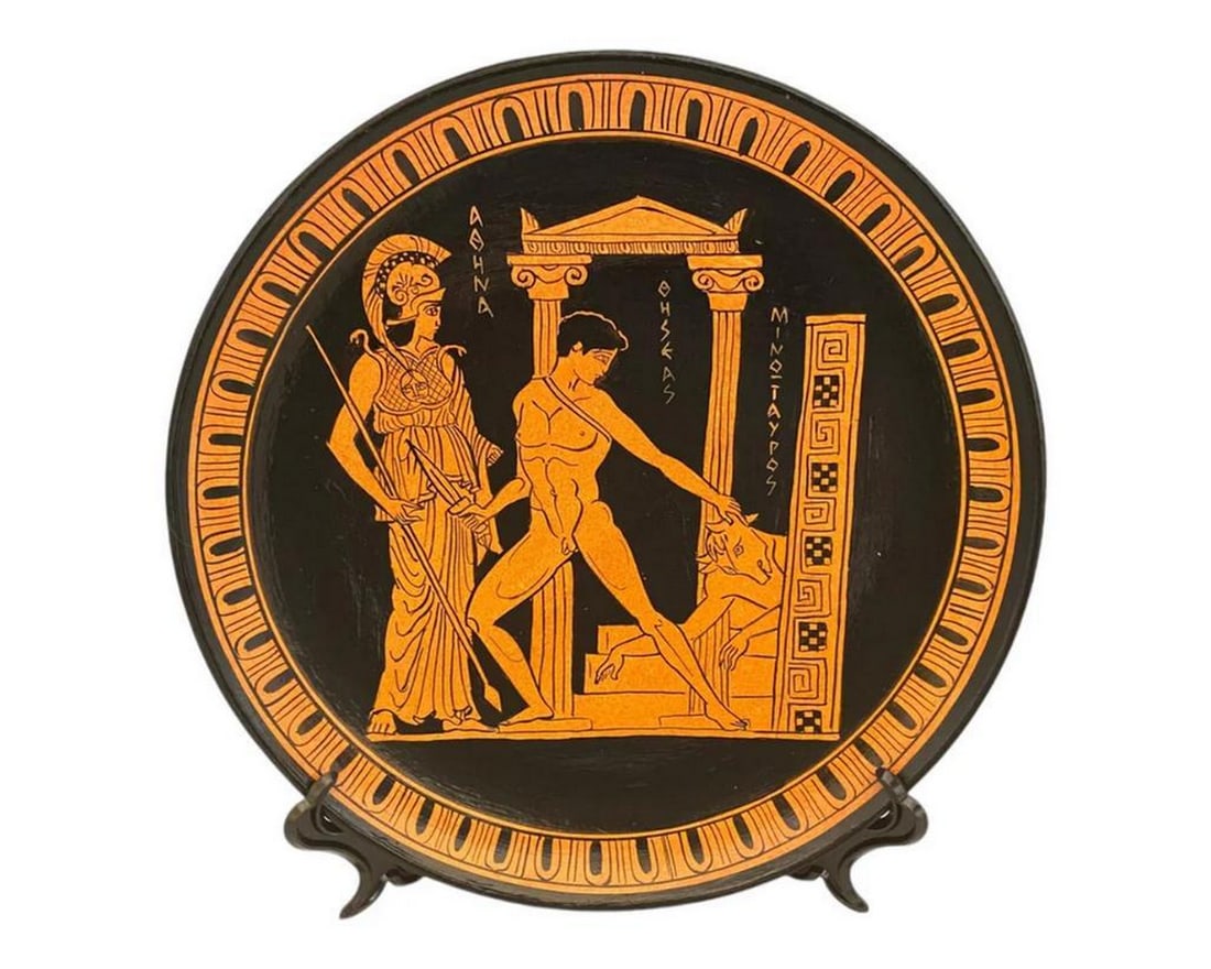Greek Red-Figure Ceramic Plate - Theseus and the Minotaur Replica: Greek Red-Figure Ceramic Plate - Theseus and the Minotaur Replica This 24 cm Ancient Greek-inspired ceramic plate is decorated in the red-figure pottery style of the late 6th century BCE, a technique 
